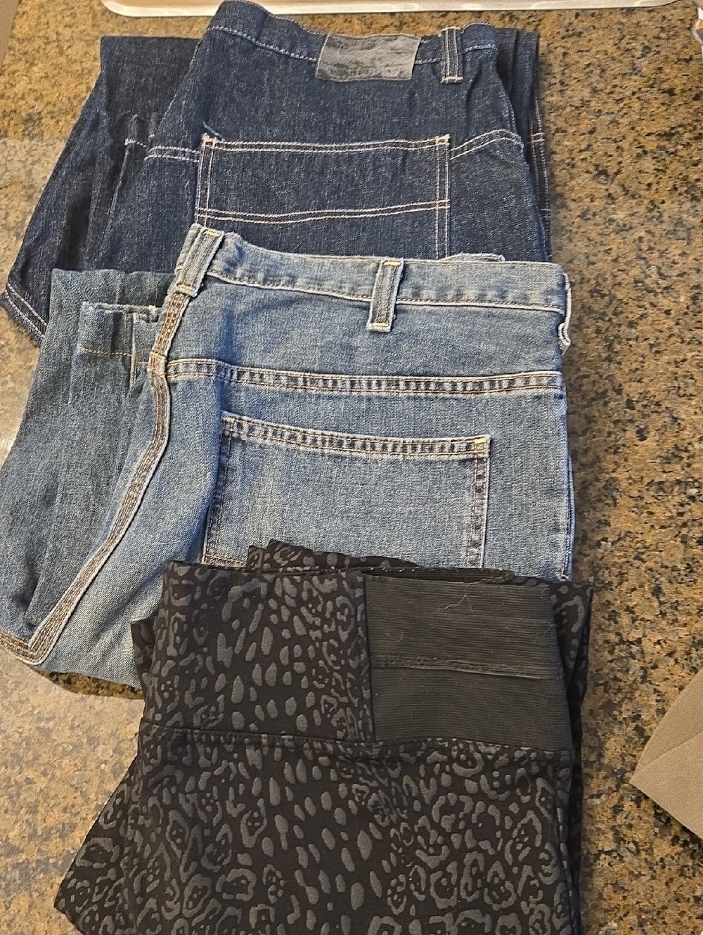 Bundle of 3 pants, 2 denim, 1 leggings black and blue